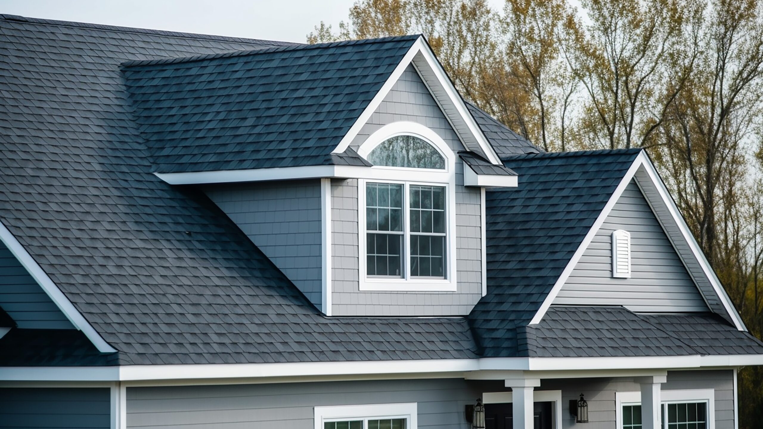 Small home with dark siding and steep-sloped asphalt shingle roof