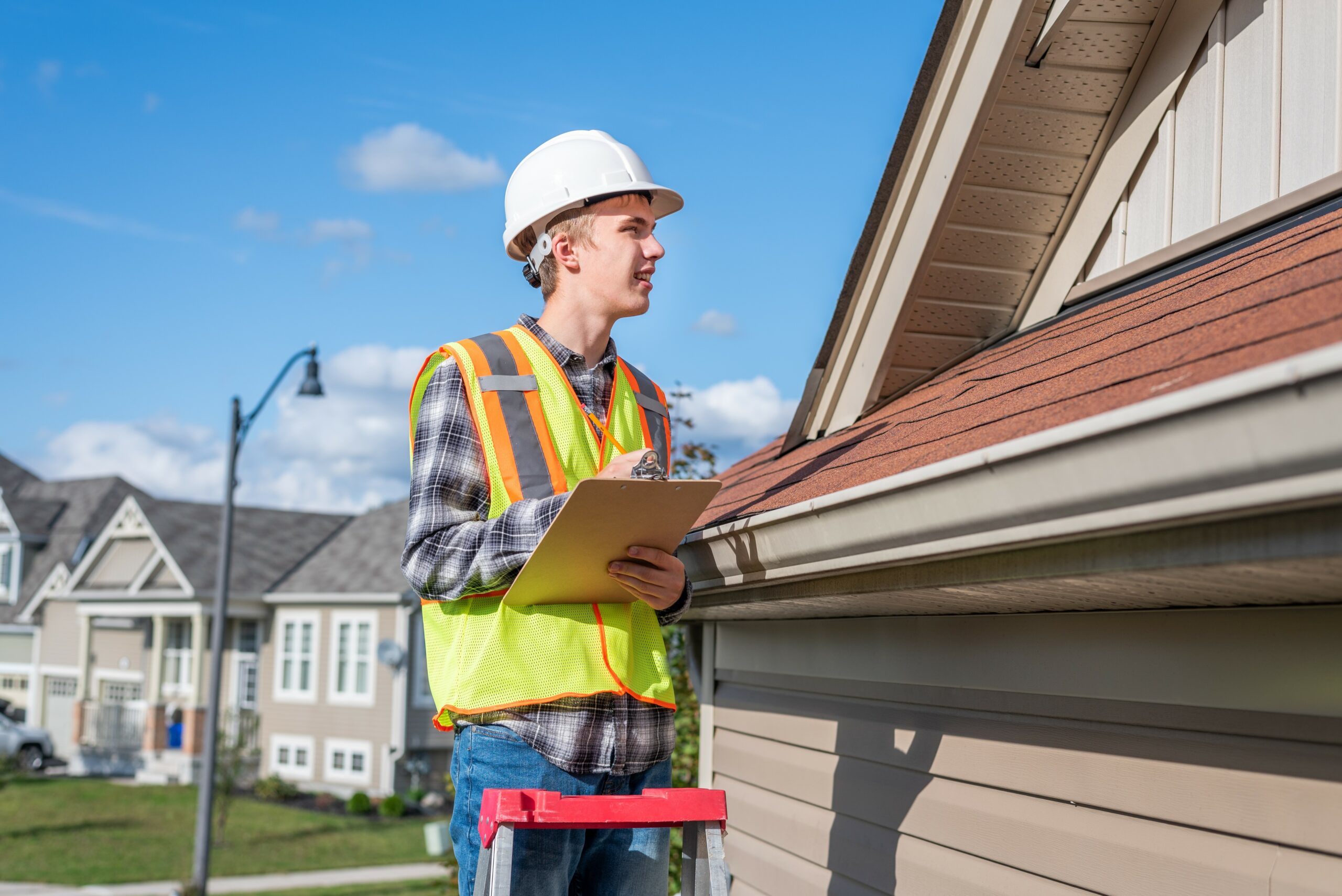 Roof inspector looking at a residential roof