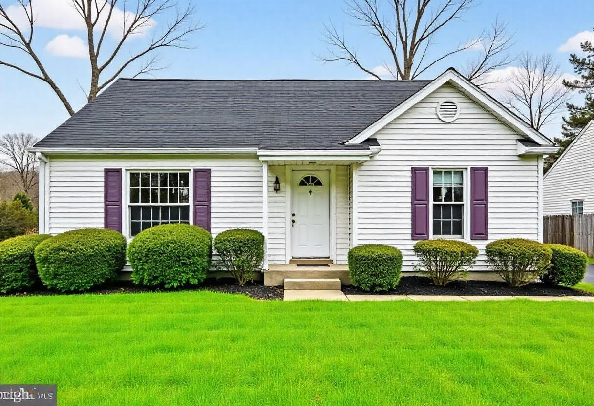 A white, single-family home with burgundy trim, shrubs planted close to the house,  and a dark asphalt shingle roof.