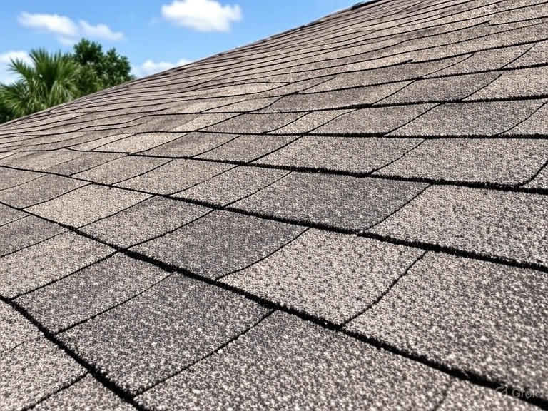 Brick house with a fresh gray shingle roof.