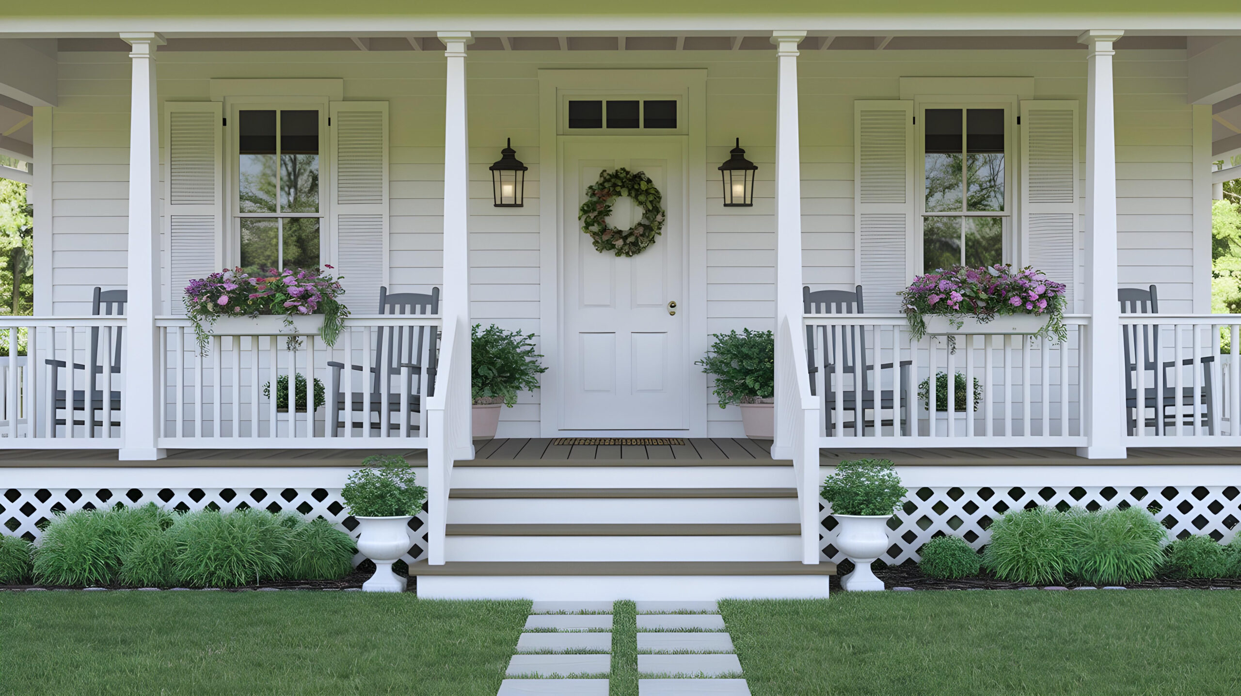 The front entryway of a house with new white siding, a white door with a wreath, and a wraparound porch.