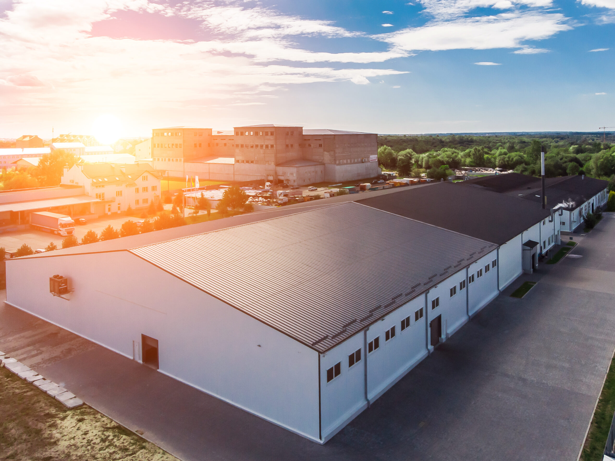 An aerial view of a metal warehouse roof.