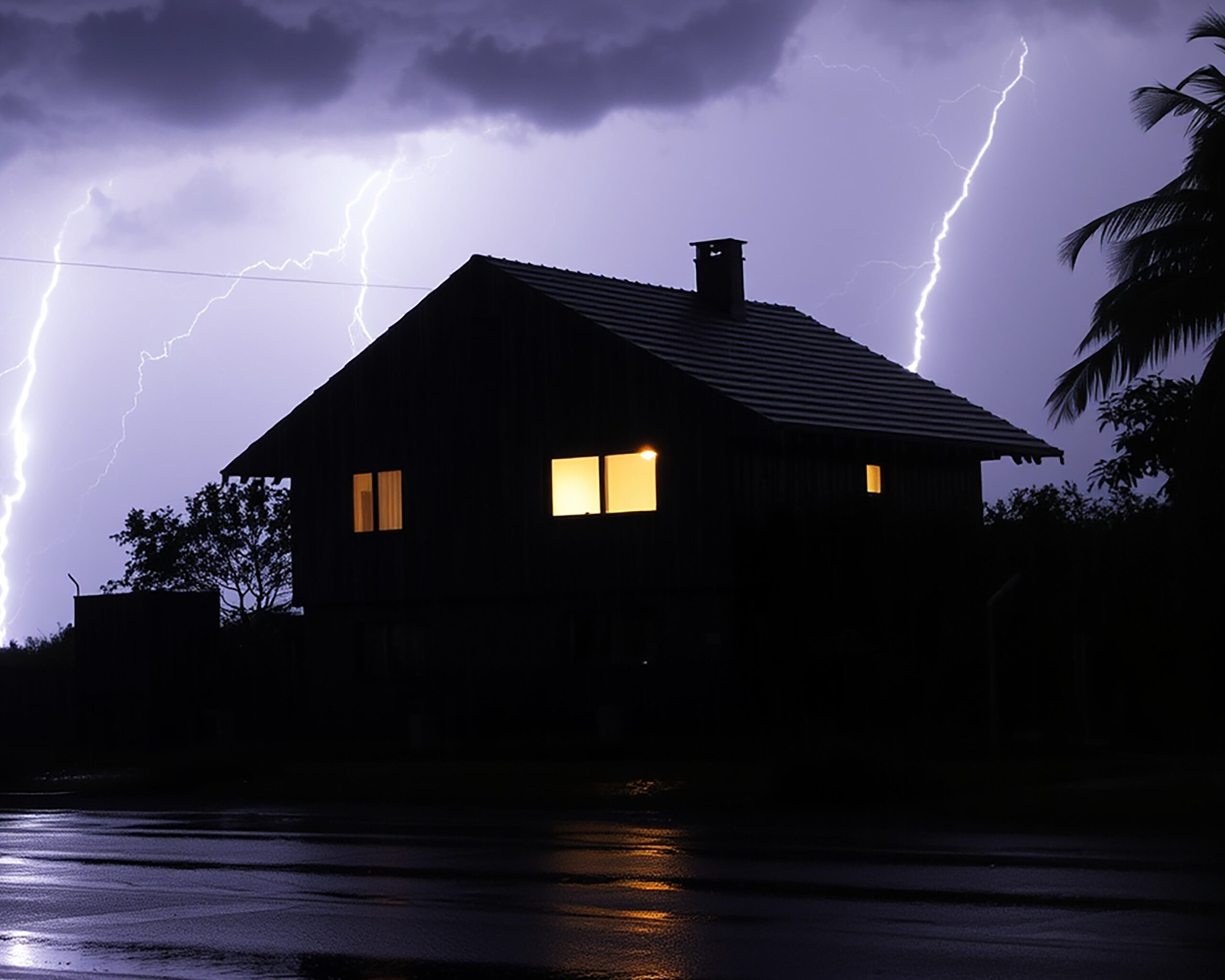The silhouette of a house during a stormy night, with lightning in the sky