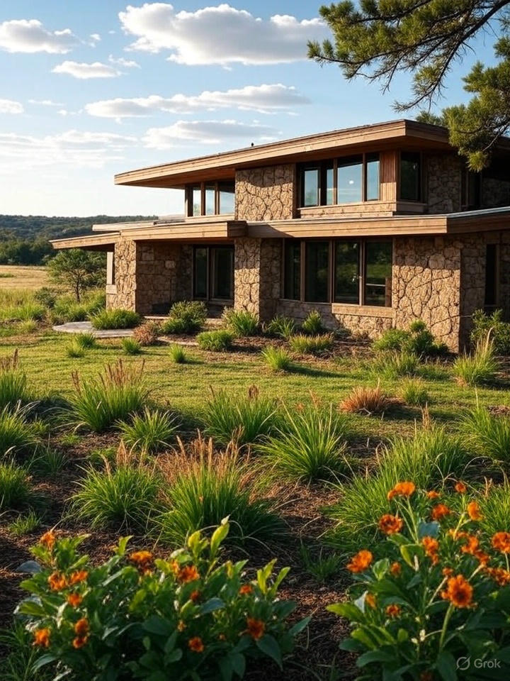Stone house with a flat roof and flowers.