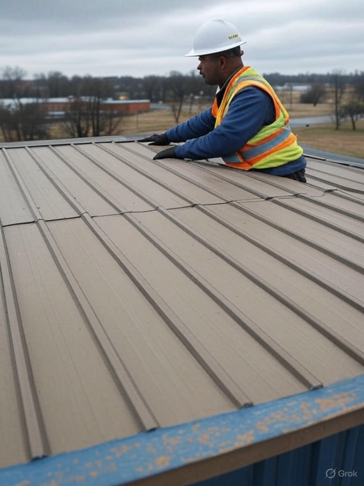 A worker inspecting a metal roof under a cloudy sky.