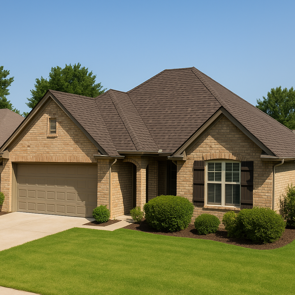 Brick house with a fresh gray shingle roof.