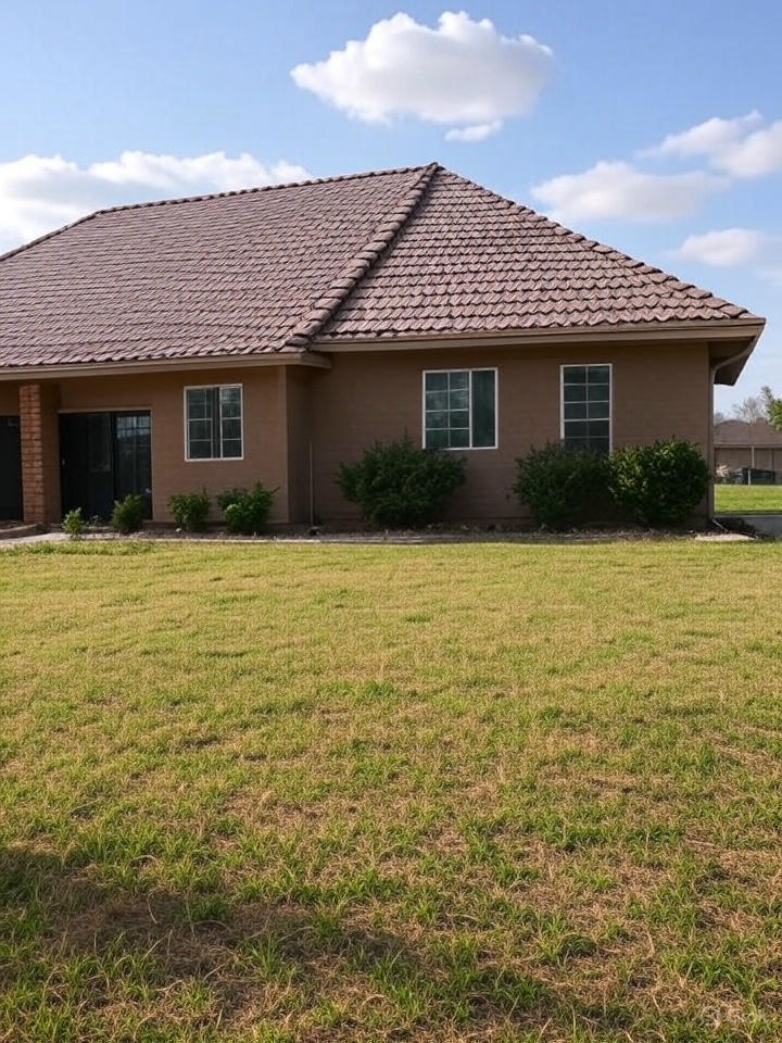 A tile roof on a brick house.