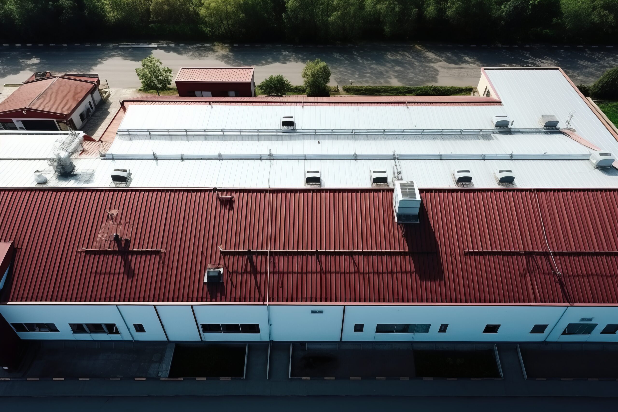 An aerial view of a red and gray metal warehouse roof.