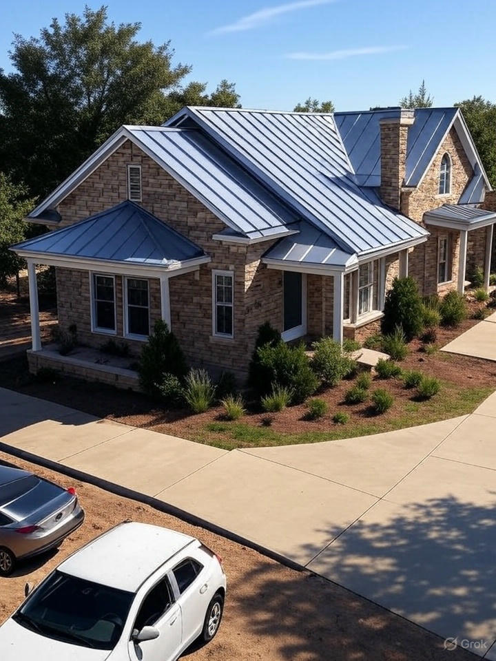 Stone house with a metal roof.