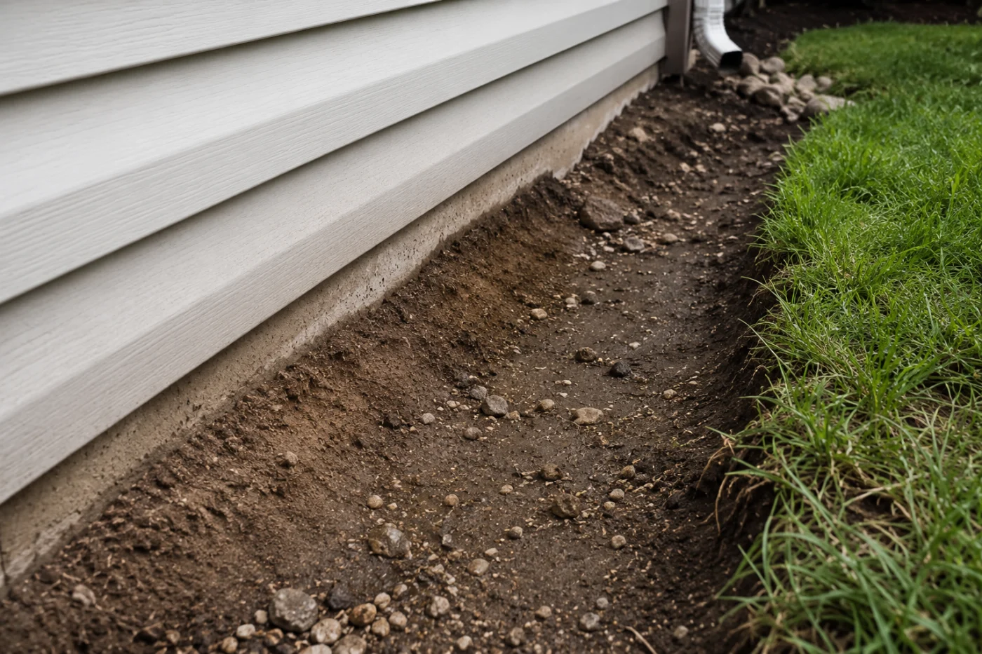 A disconnected downspout in the background with early signs of soil erosion next to the home.