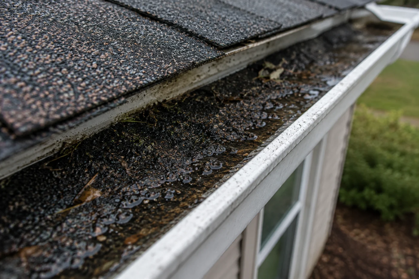 Gutters improperly sized on a home, that are clogged with granules from the roof.