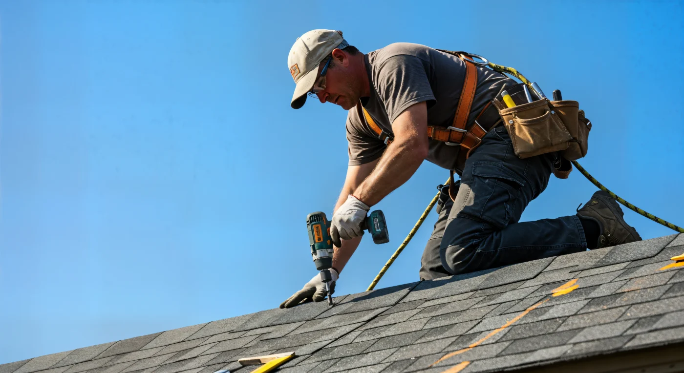 A roofer is on the top of a roof with power tools to make repairs.