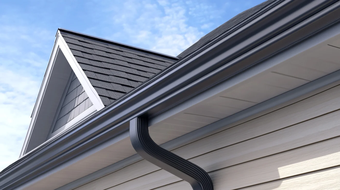 Black seamless gutters installed on a home with a downspout for ultimate water drainage.