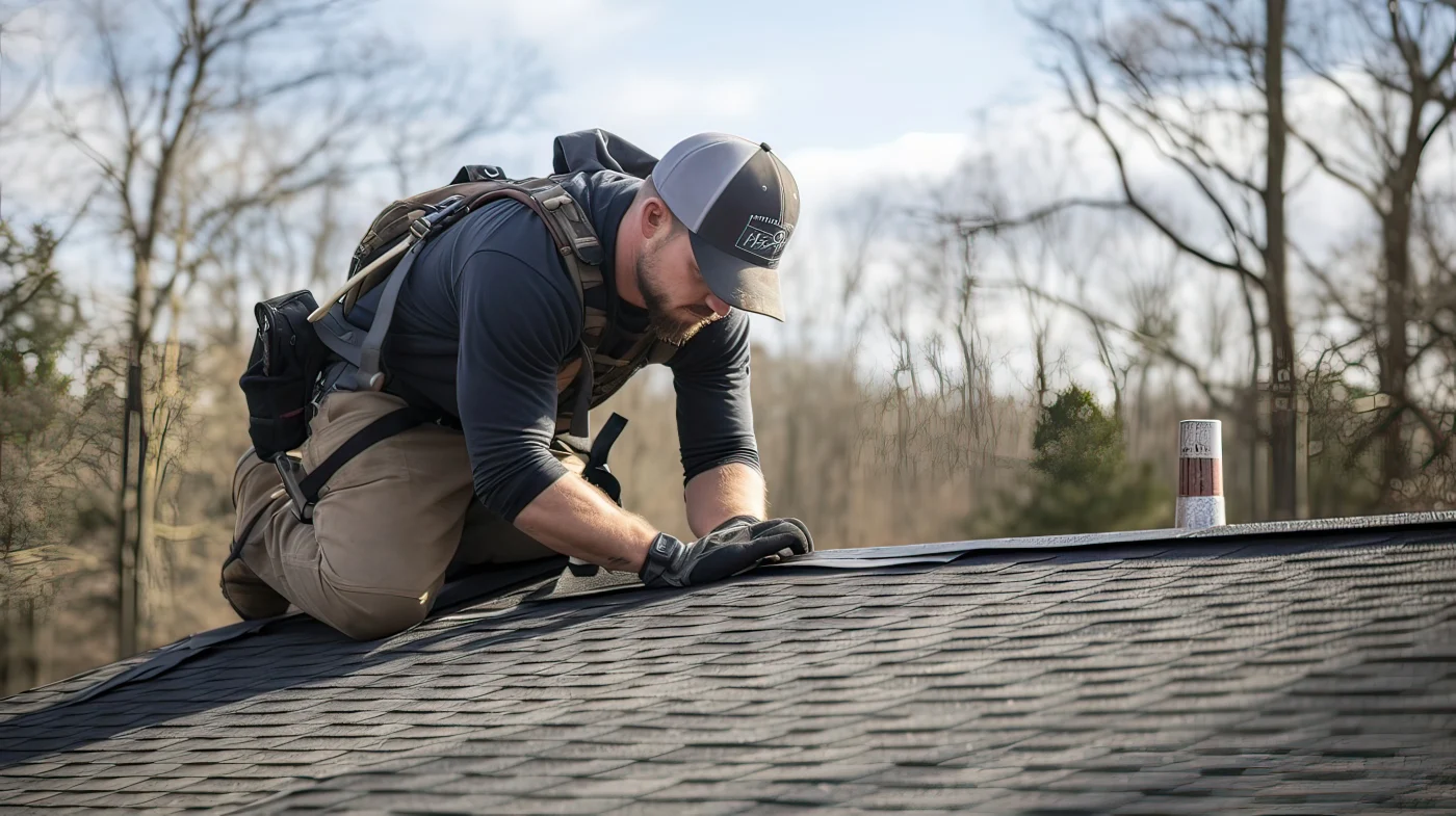 A roofer is on the top of the roof examining the shingles to determine if there is a leak.