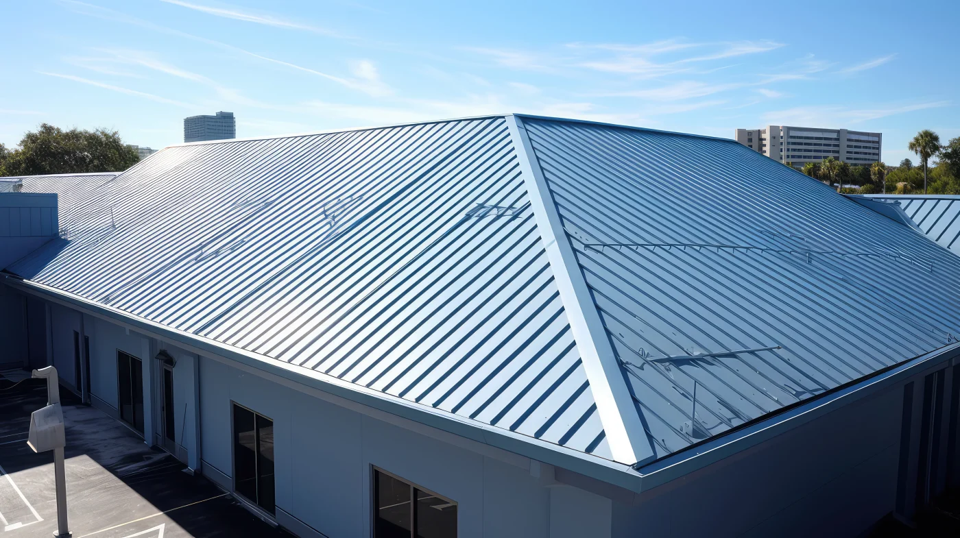 A metal roof on a commercial complex.