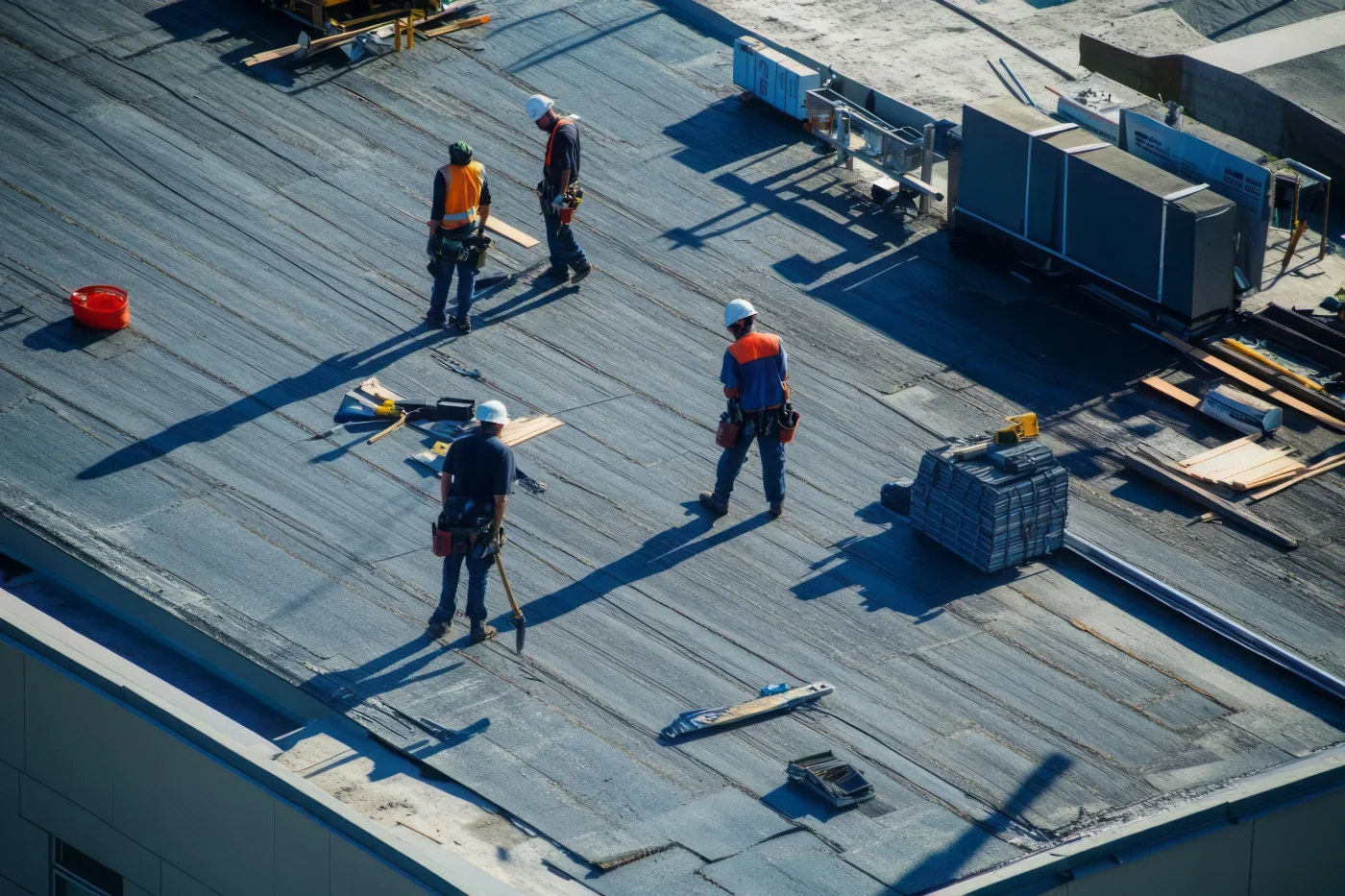 Workers on a flat commercial roof doing final inspection after a replacement.
