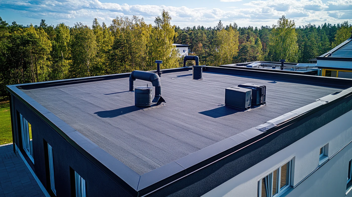 A Flat Roof With Ventilation Pipes And An Air Conditioning Unit Against A Forest Backdrop.