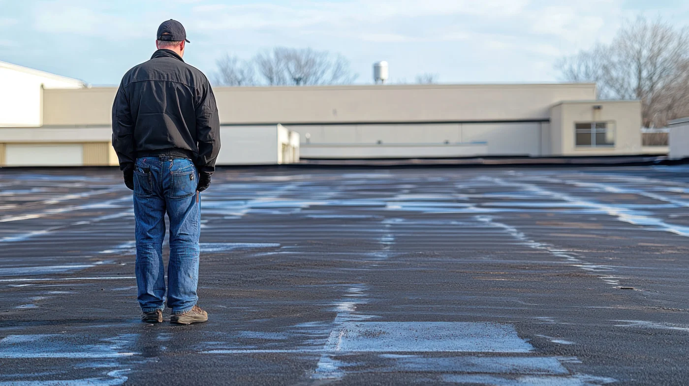 A roofer standing on a flat roof looking at ponding issues that may need repair.